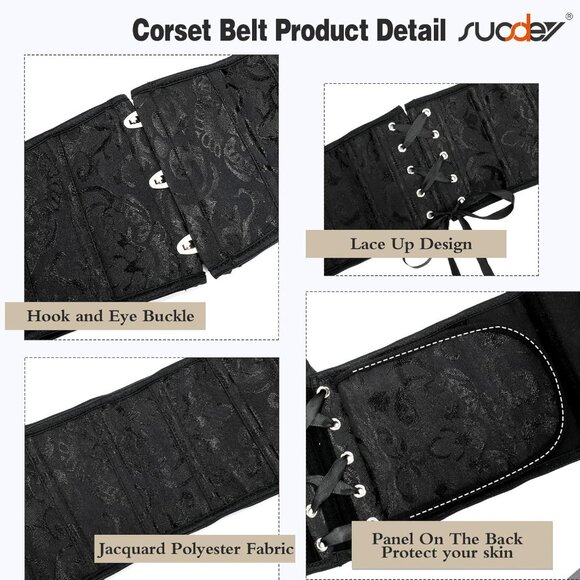 Women's Jacquard Corset Belt Lace Up Bustier Waspie Belt Renaissance Black - Picture 3 of 8